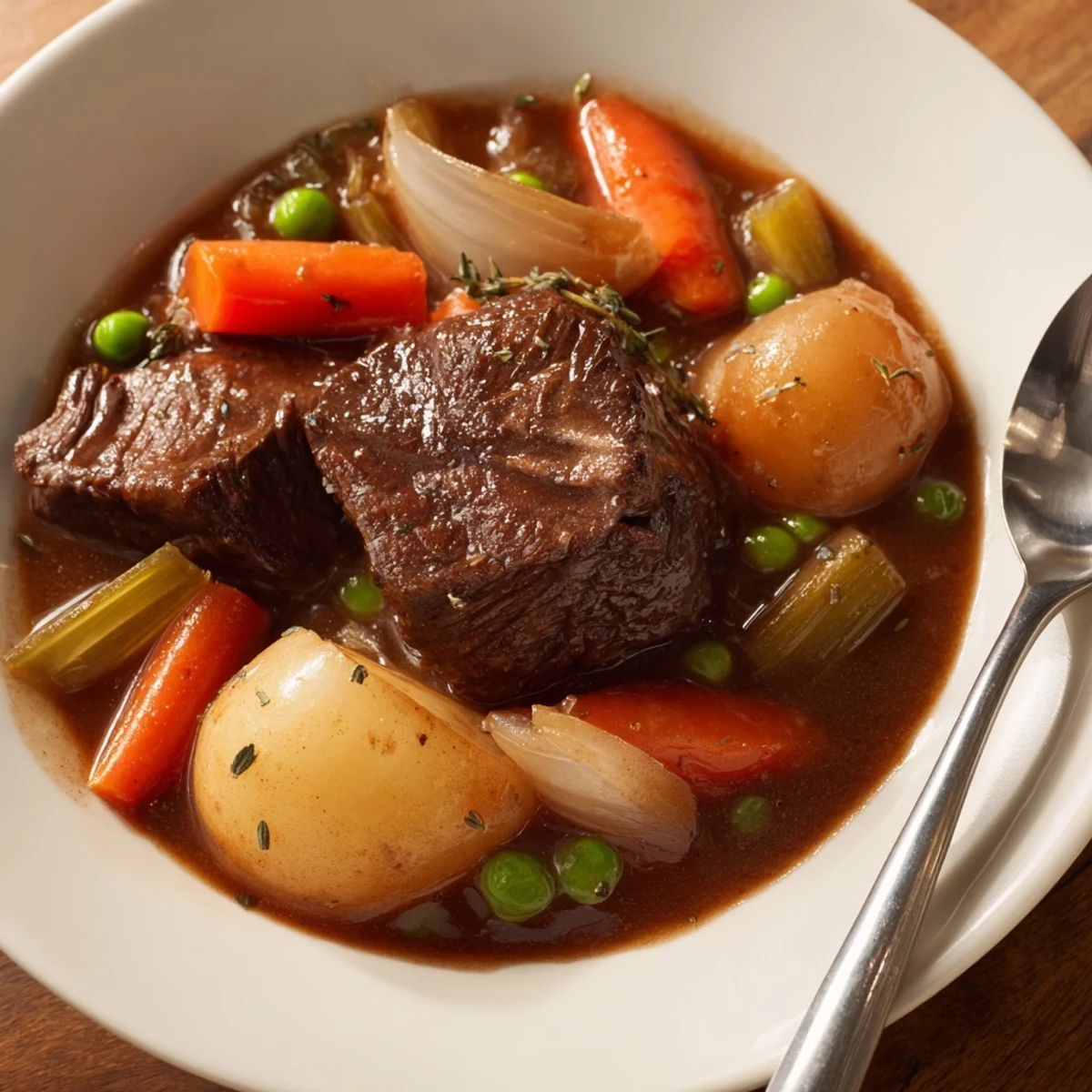 Slow-simmered Beef Stew bubbling with carrots, potatoes, savory broth aroma