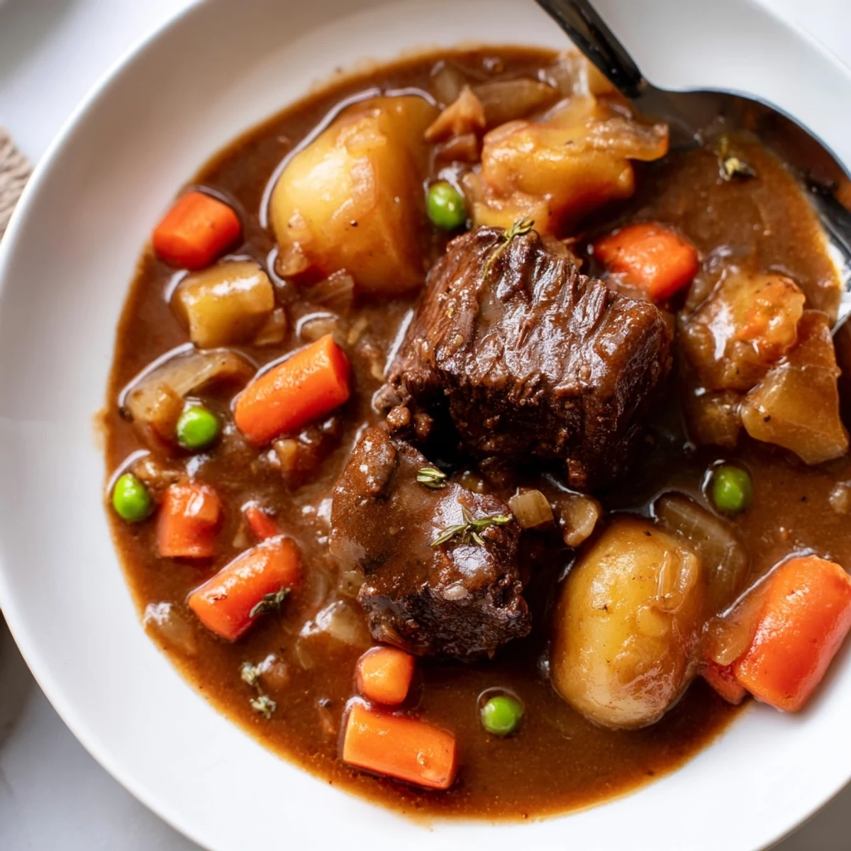 Bowl of Beef Stew garnished with thyme, rich gravy, spoon ready