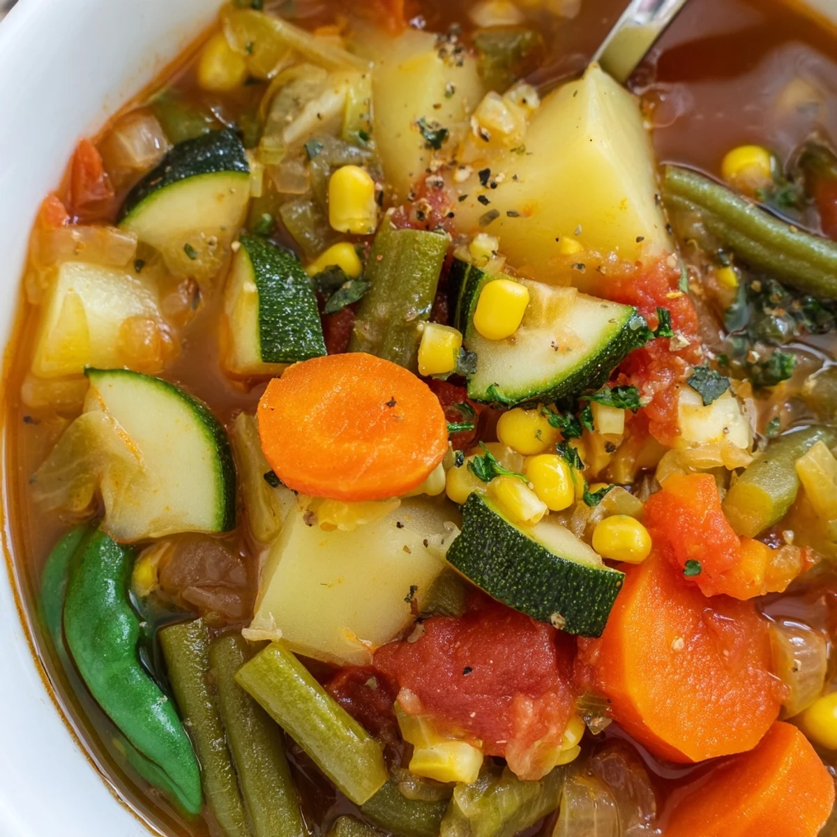 Steaming bowl of Vegetable Soup with tender vegetables and bright parsley garnish