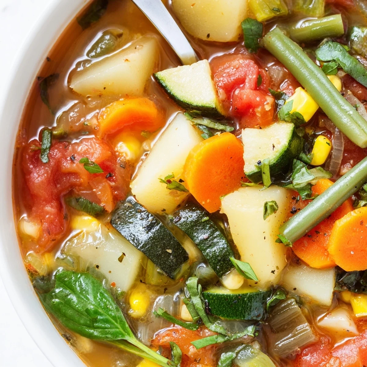 Ladle of Vegetable Soup showing vibrant veggies, warm, savory broth aroma