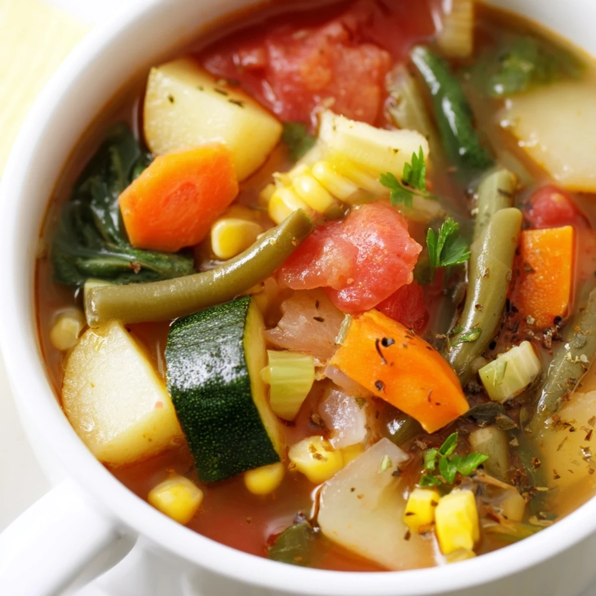 Homemade Vegetable Soup simmered in fragrant broth, served with crusty bread