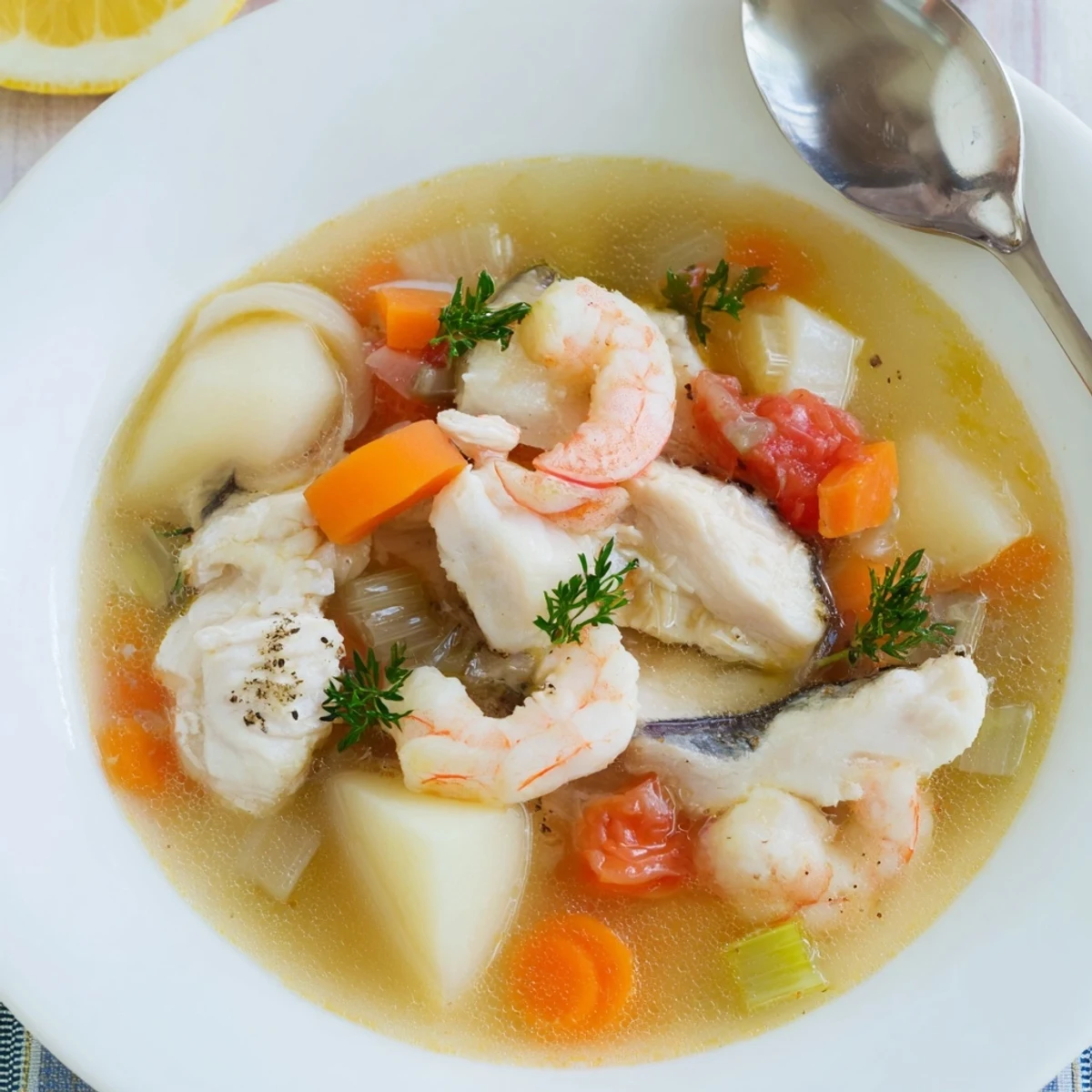 Hearty Fish Soup steaming in bowl with parsley and lemon wedges