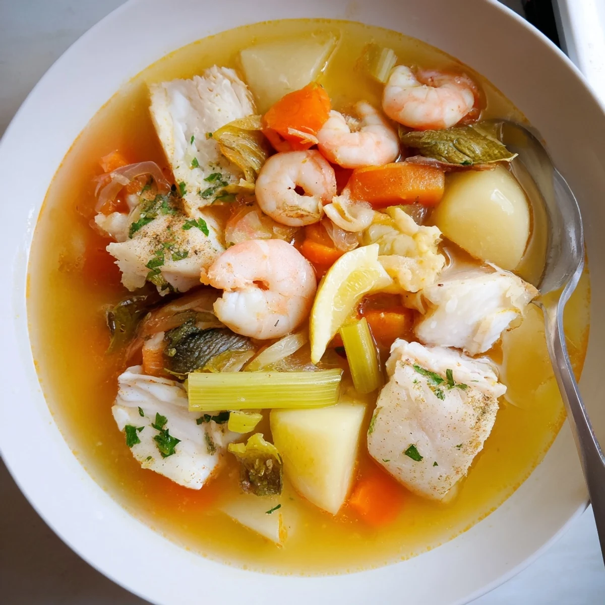 Aromatic Fish Soup simmering with thyme and oregano, ladle ready