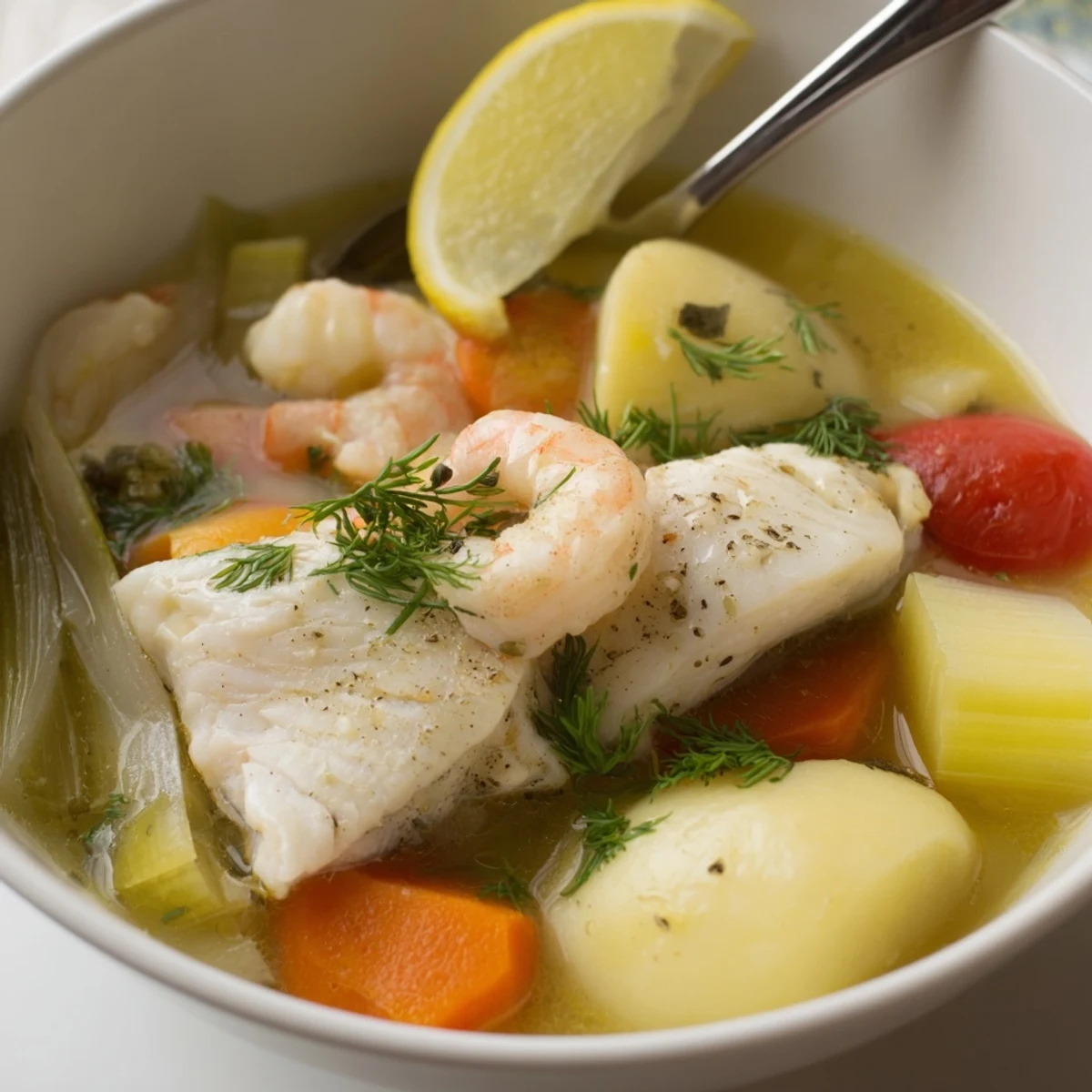 Savory Fish Soup showing flaky cod, potatoes, carrots, and crusty bread