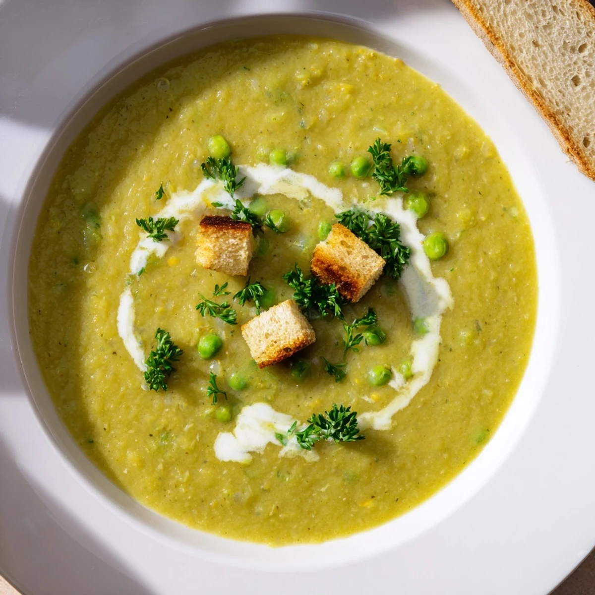 Pea Soup steaming bright green, creamy texture topped with crème fraîche  