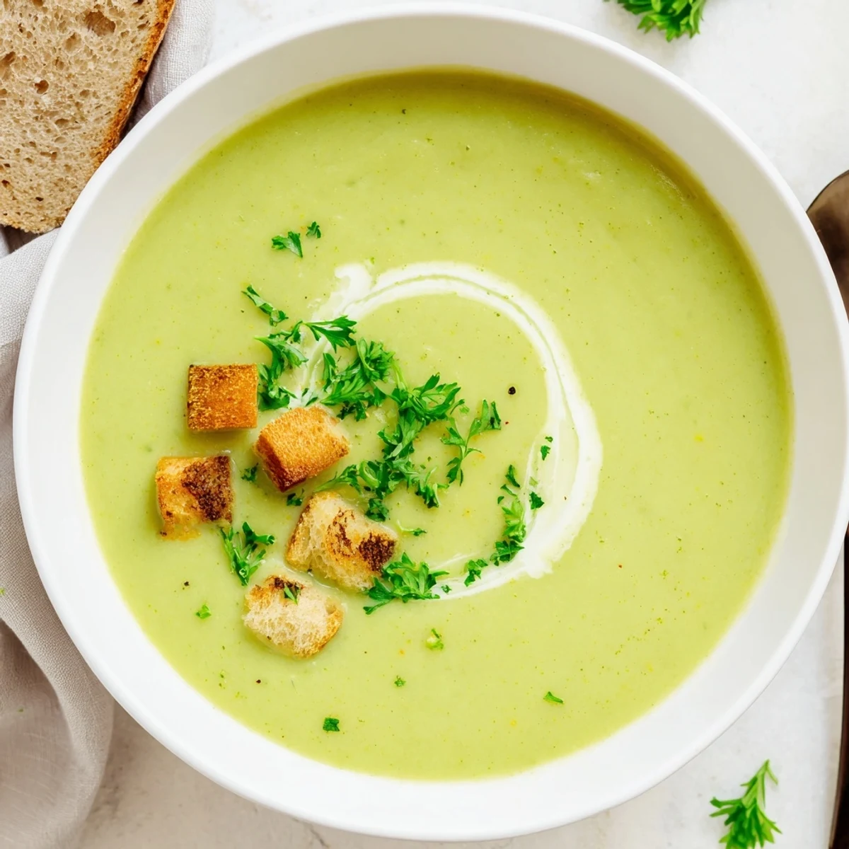 Velvety Pea Soup blended smooth, aromatic thyme and garlic on stovetop