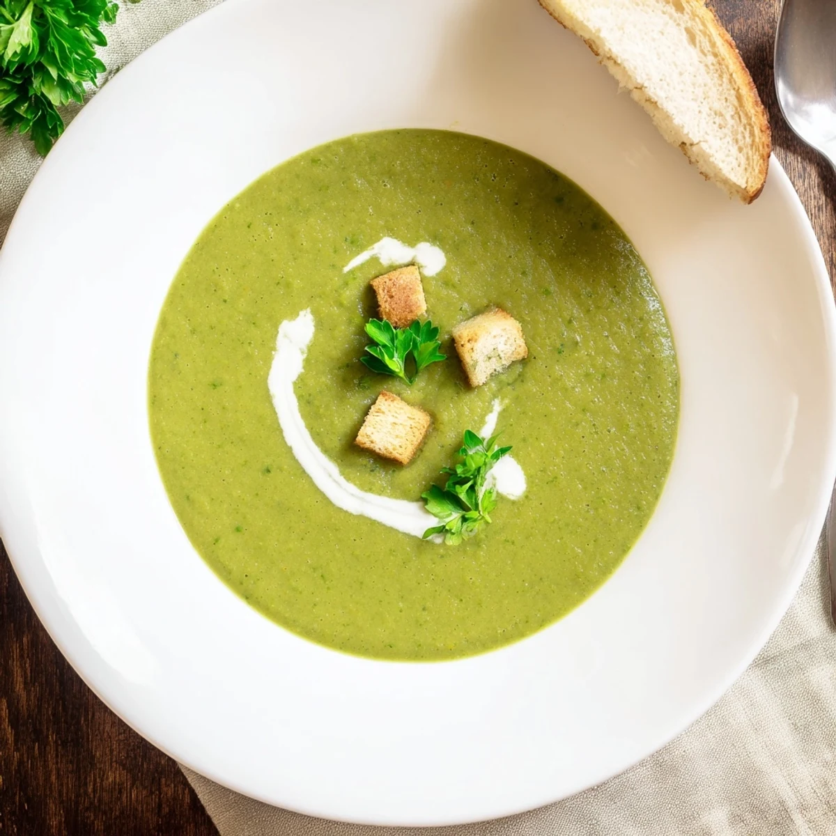 Bowl of comforting Pea Soup garnished with chopped parsley and crusty bread  