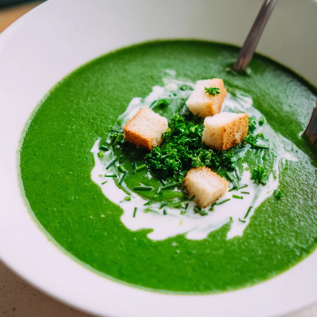 Creamy Spinach Soup in a bowl, velvety green, garnished with cream.  