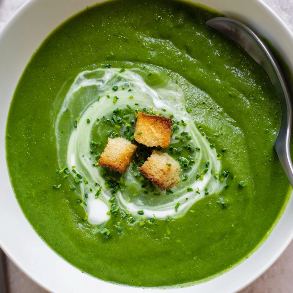 Warm homemade Spinach Soup ladled into bowl, topped with crunchy croutons.  