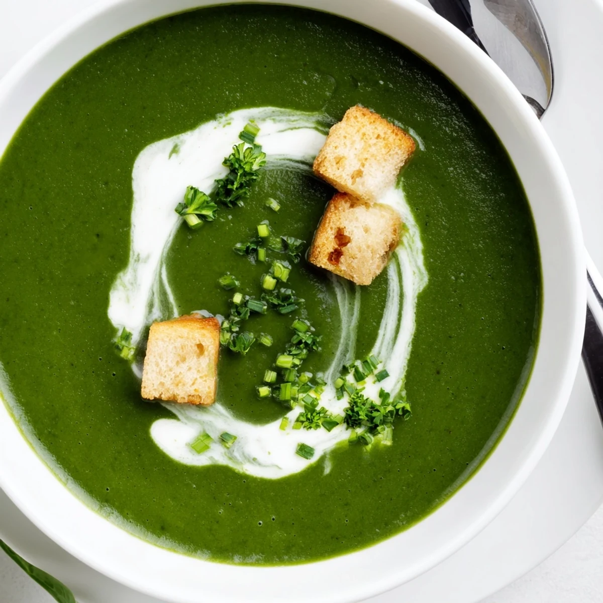Bright, aromatic Spinach Soup steaming, swirled cream and herbs, served with bread.
