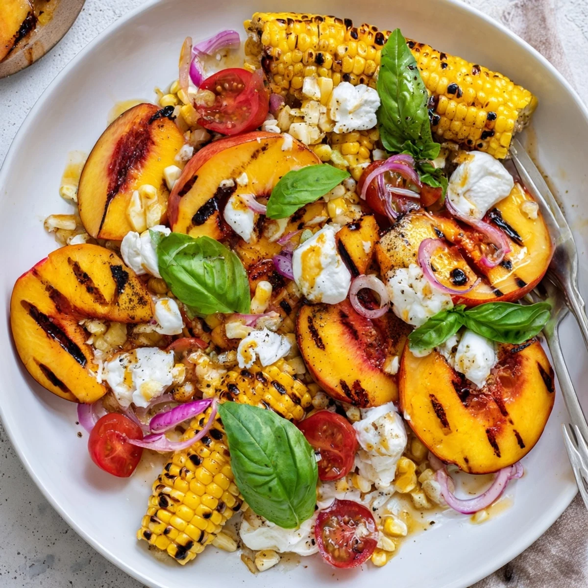 Grilled Peach Corn Salad with Creamy Cheese, charred peach slices and golden kernels