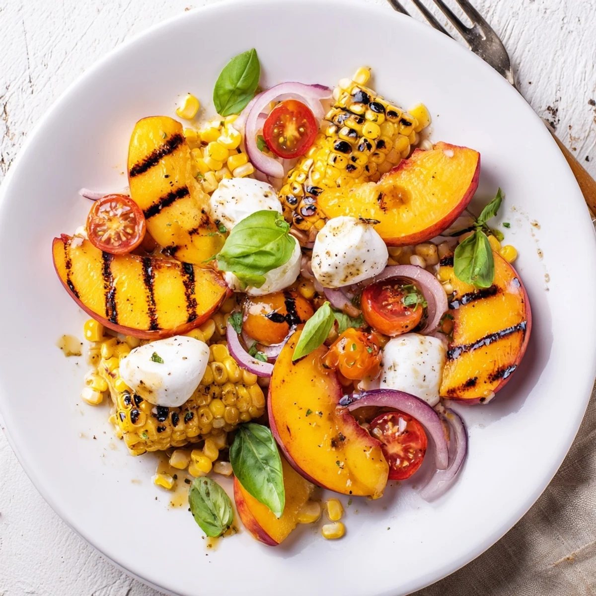 Picnic ready Grilled Peach Corn Salad with Creamy Cheese, basil and balsamic drizzle