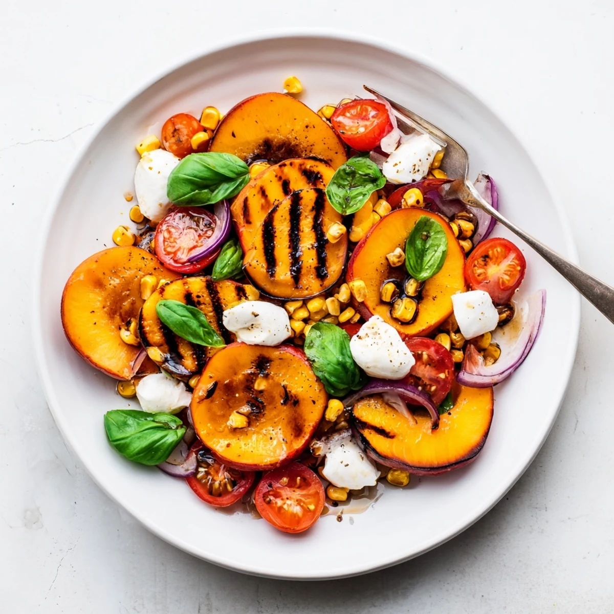 Grilled Peach Corn Salad with Creamy Cheese, juicy peaches, smoky corn, torn basil