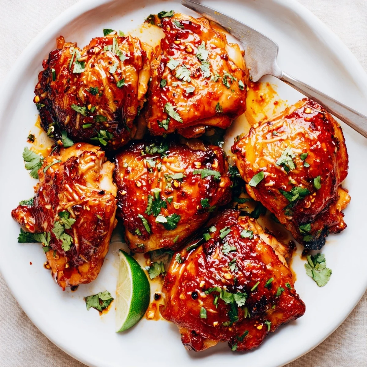 Oven browned Chipotle Honey Chicken Thighs With Smoked Gouda, cilantro garnish and lime