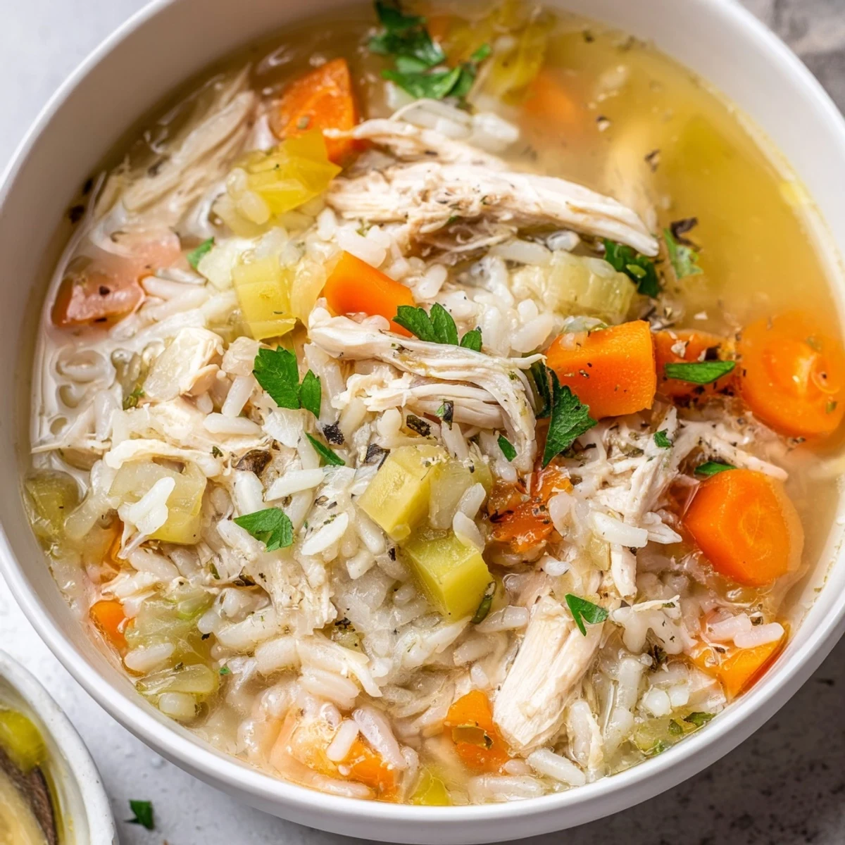 Hearty Chicken Soup steaming in a bowl, tender chicken and carrots visible