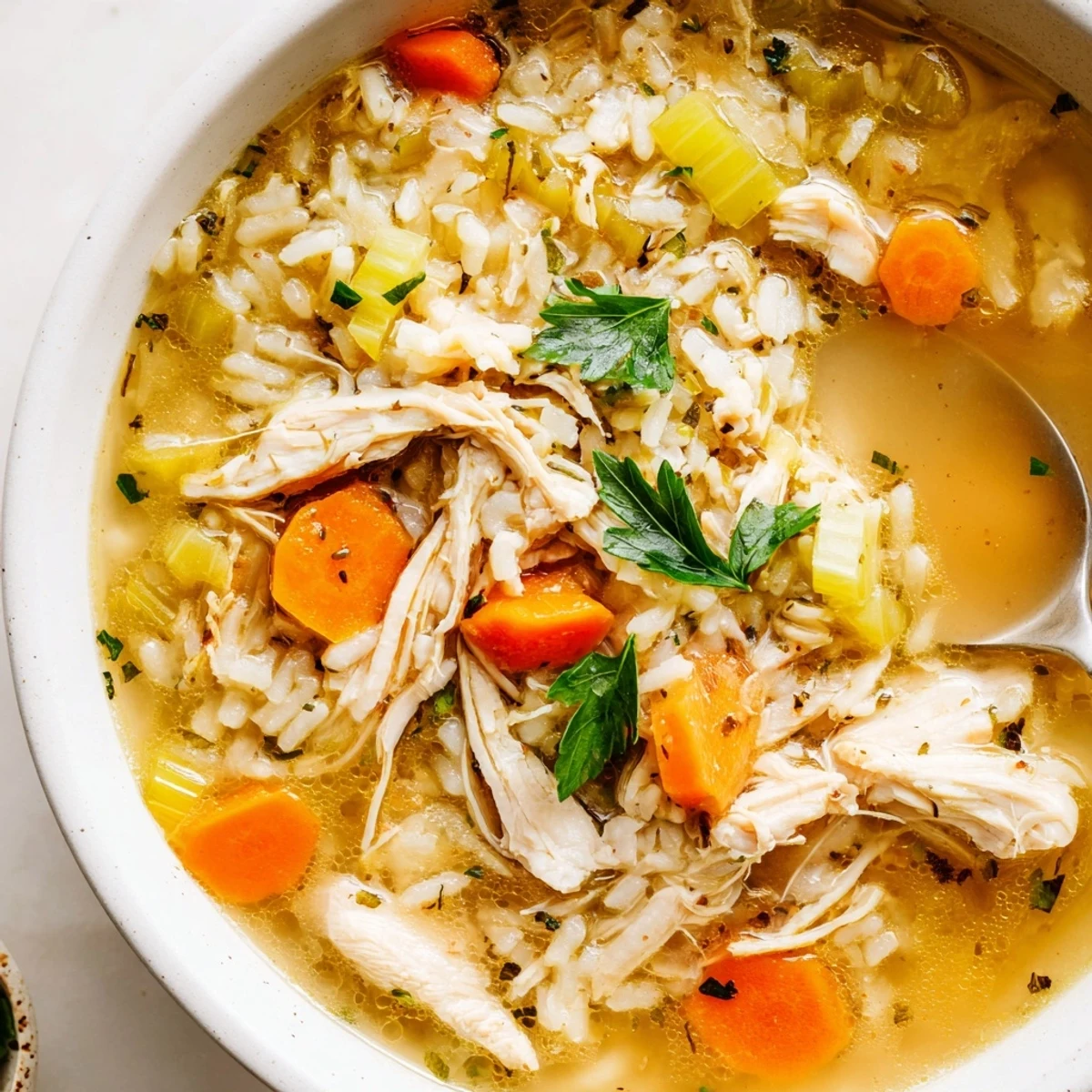 Homemade Chicken Soup ladled over egg noodles, aromatic broth and parsley garnish