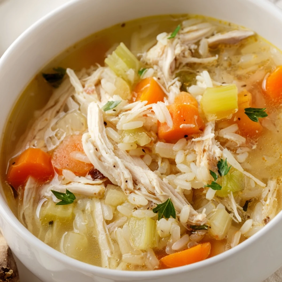 Warm Chicken Soup on a wooden table, steam rising, crusty bread nearby