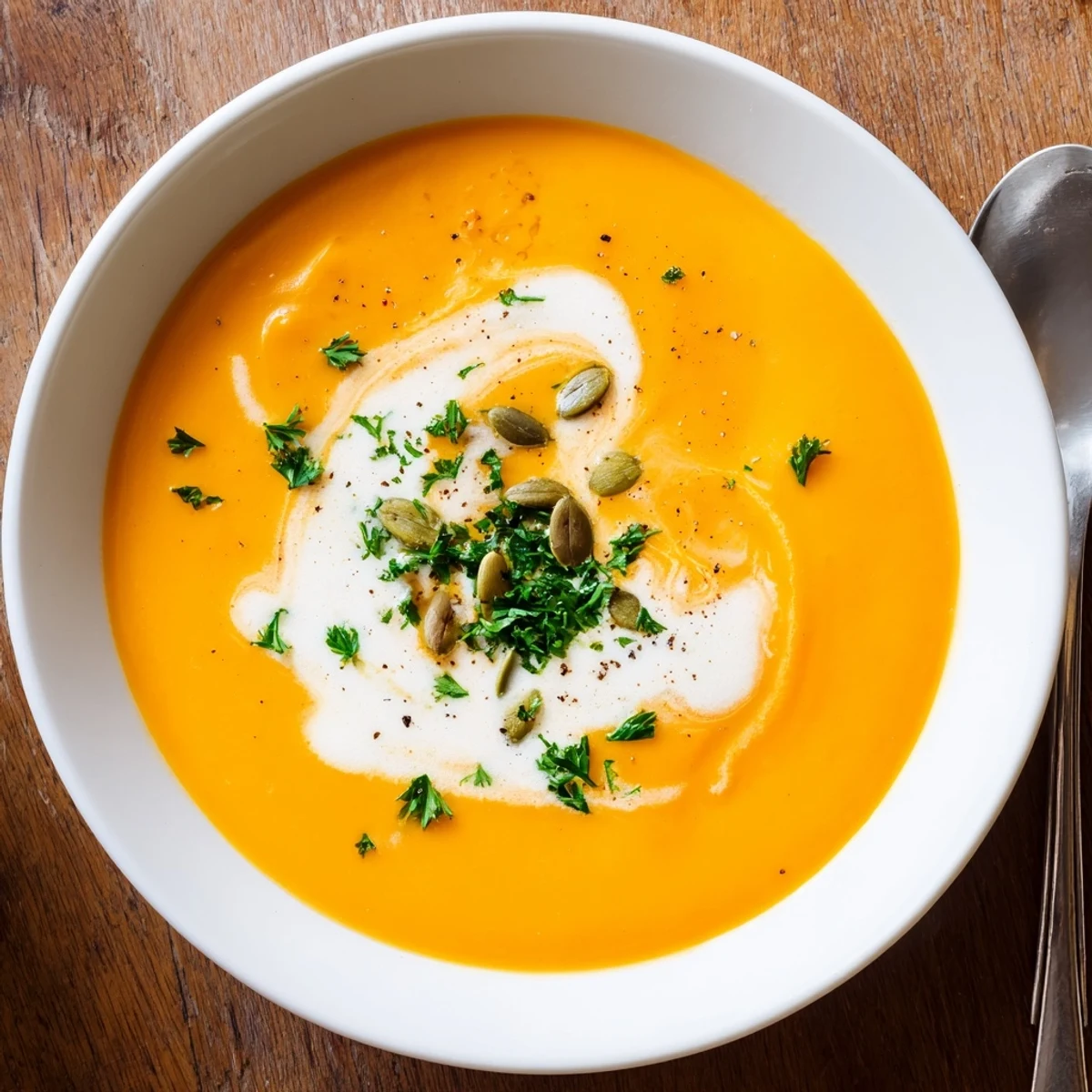 Creamy Carrot Soup garnished with fresh chives, served with crusty bread