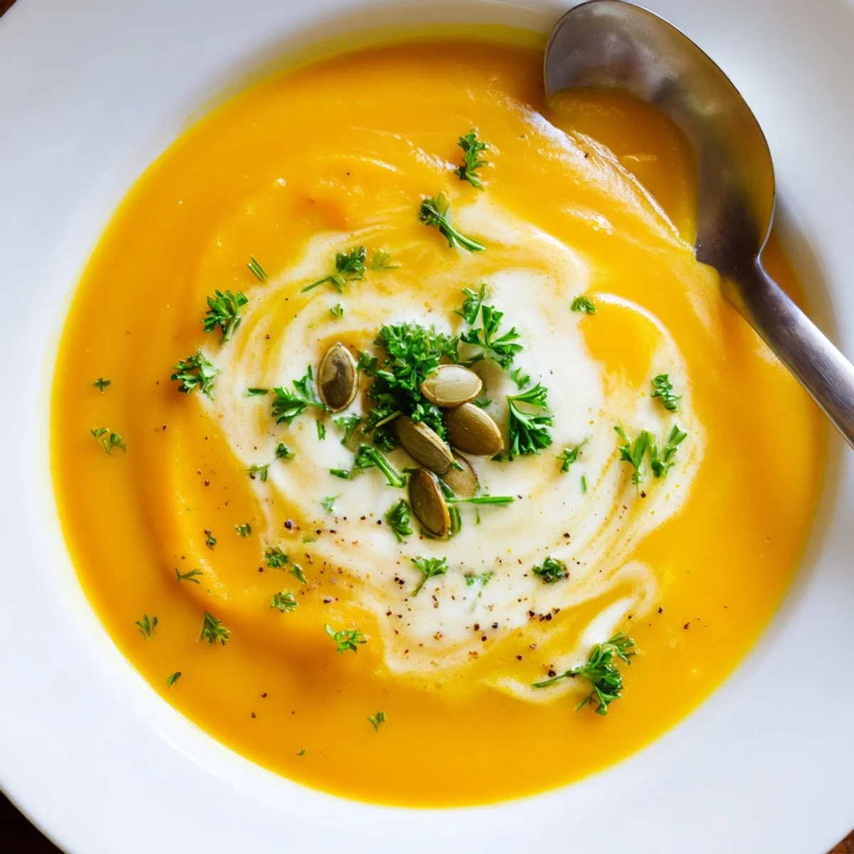 Bowl of roasted-flavored Carrot Soup, velvety orange color, topped with parsley