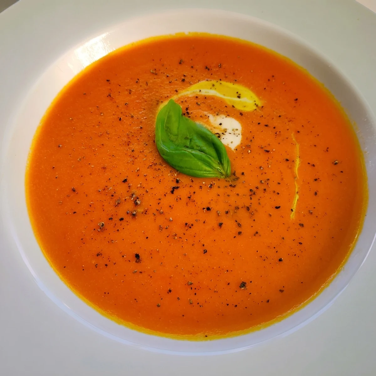 Steaming bowl of Tomato Soup, silky smooth, garnished with fresh basil