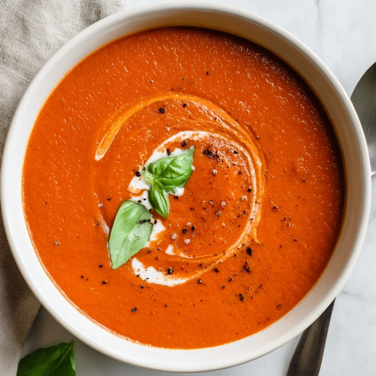 Velvety roasted Tomato Soup with a swirl of cream and cracked pepper