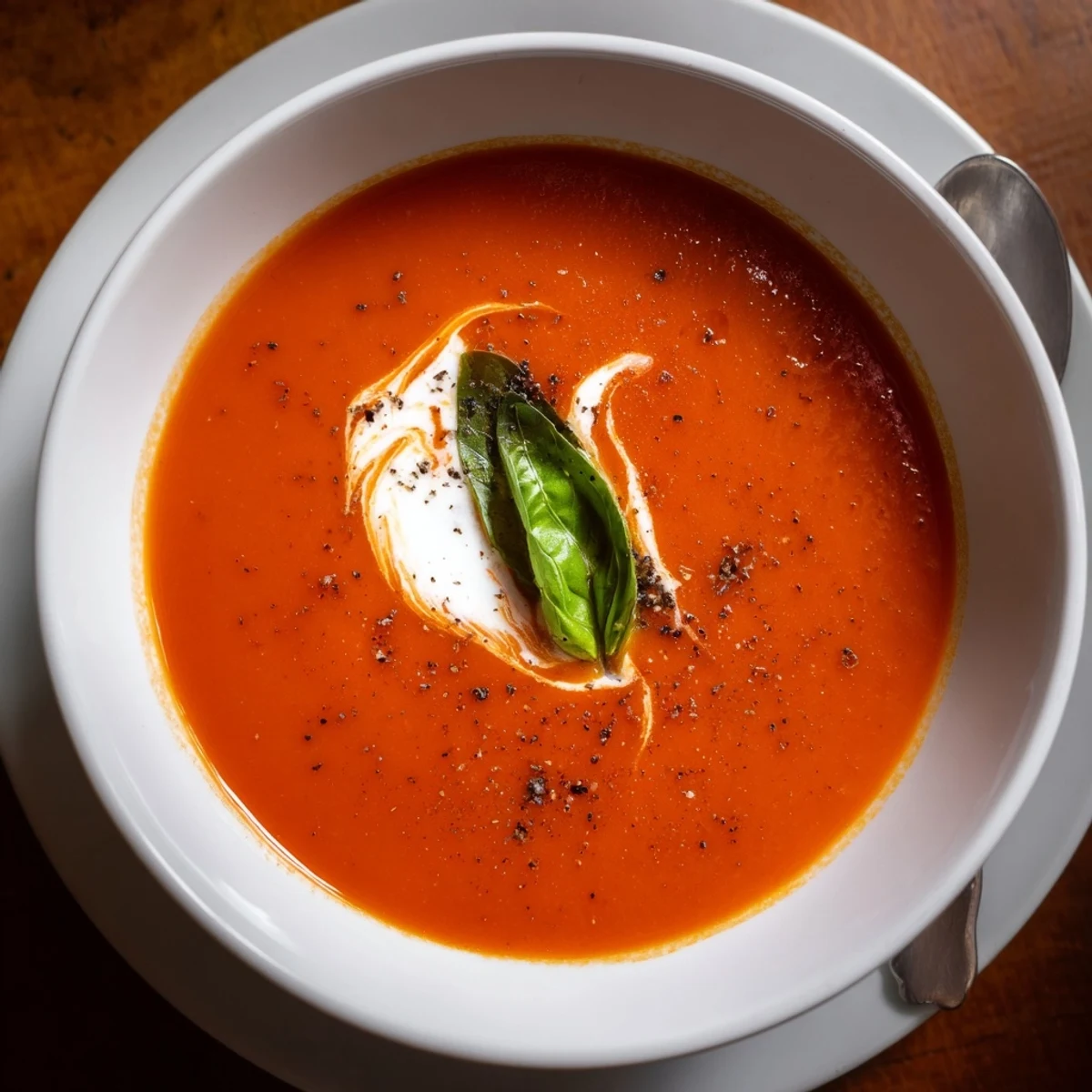 Homemade Tomato Soup simmered with garlic and basil, served with grilled cheese