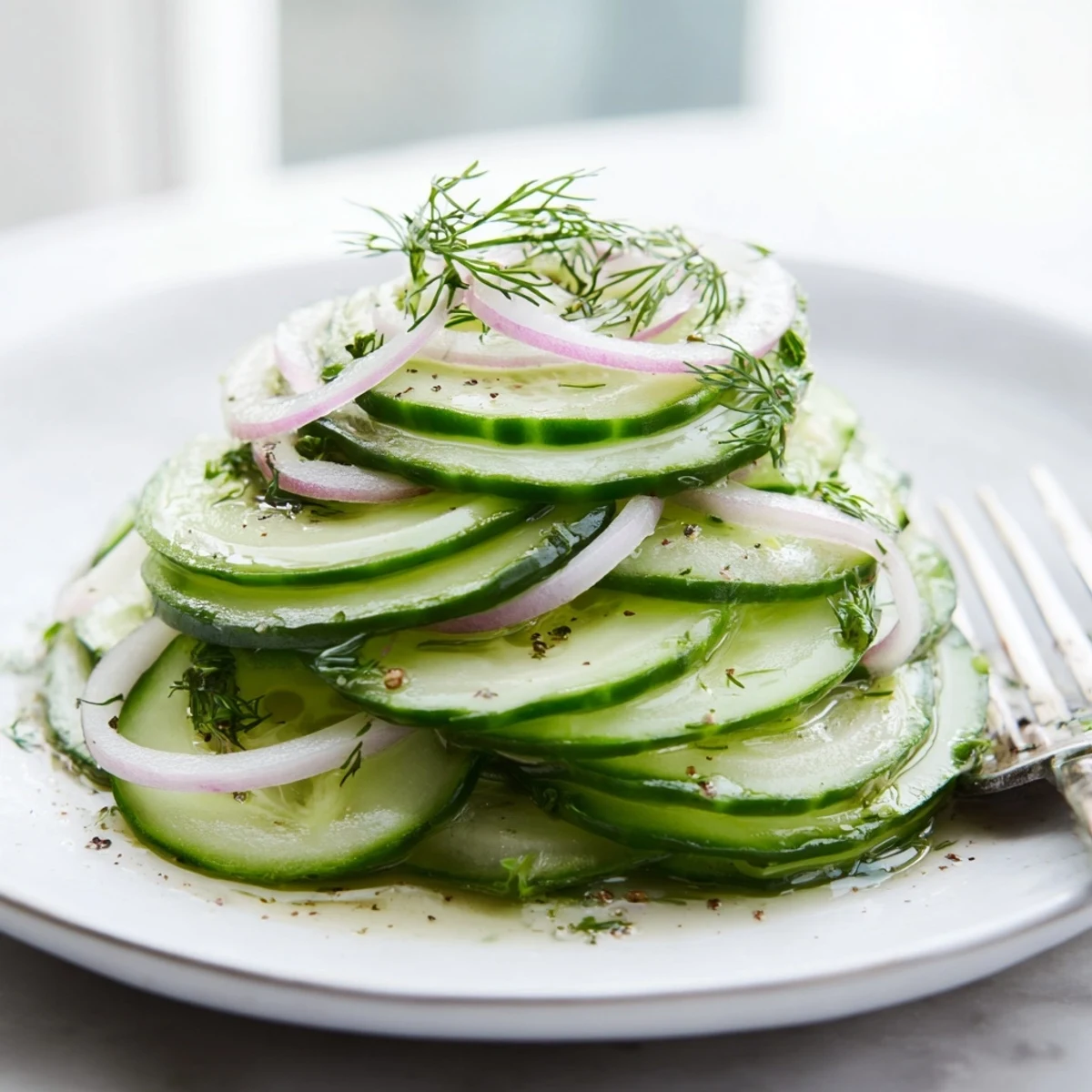 Bright Cucumber Salad tossed in tangy white wine vinegar dressing, served chilled