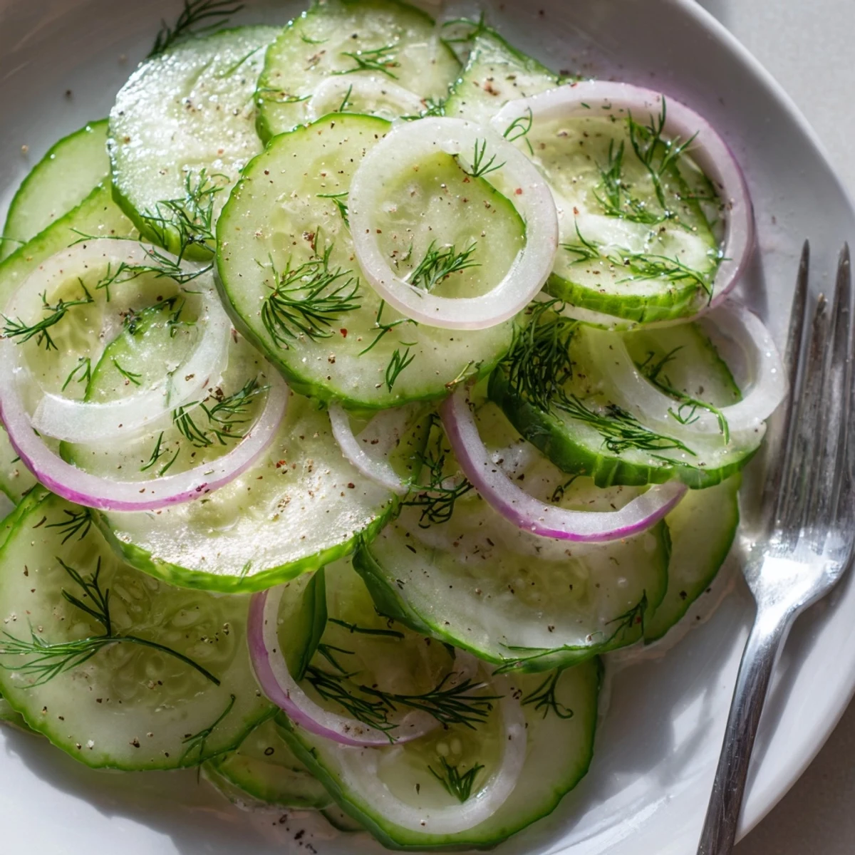 Cucumber Salad with thinly sliced cucumbers, red onion, dill, chilled and crisp