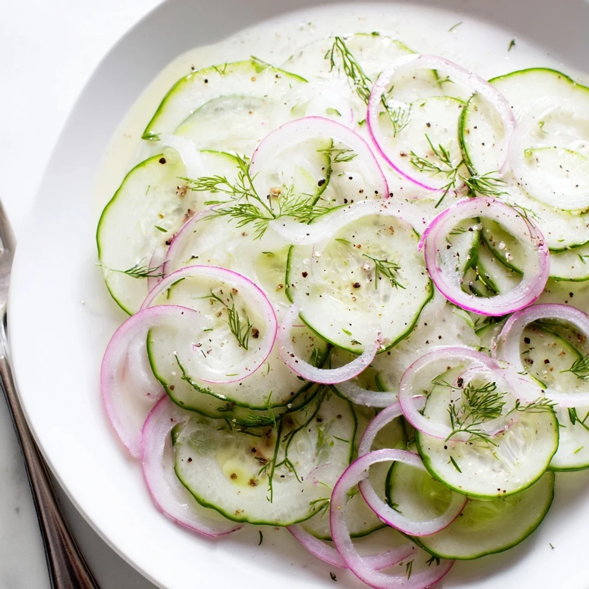 Simple Cucumber Salad layered thinly, herb-fragrant and perfect alongside grilled chicken