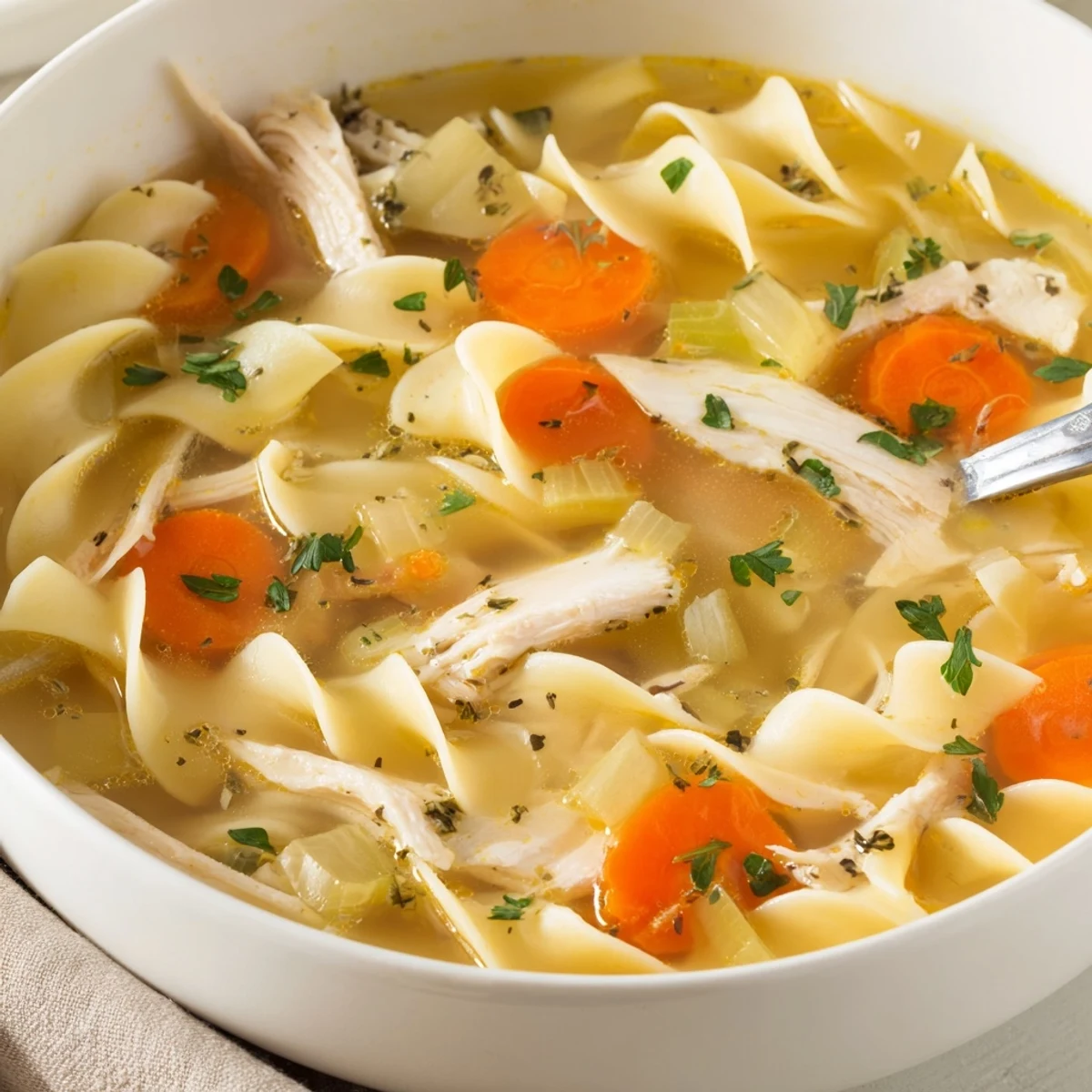 Hearty Chicken Noodle Soup steaming in bowl, tender chicken and vibrant vegetables.