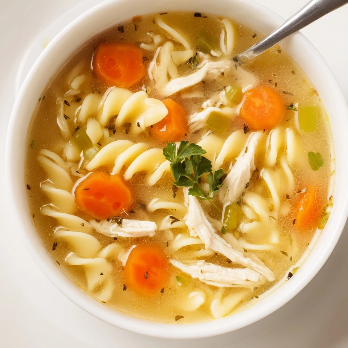 Warm Chicken Noodle Soup with egg noodles, savory broth, and parsley garnish.