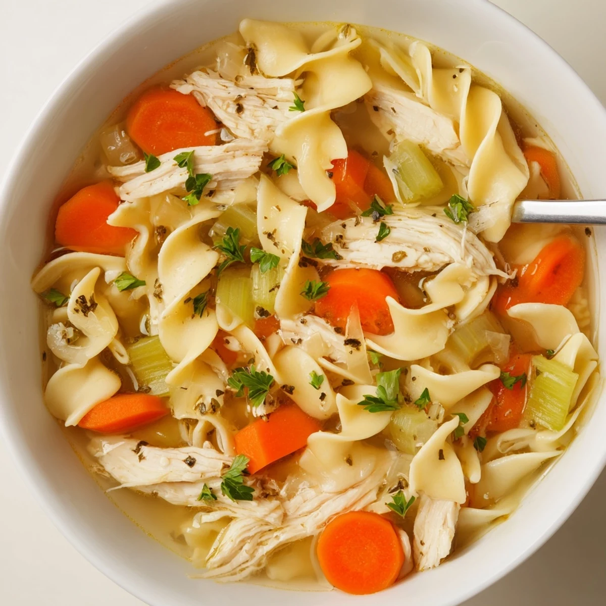 Comforting Chicken Noodle Soup served alongside crusty bread, aromatic thyme broth.