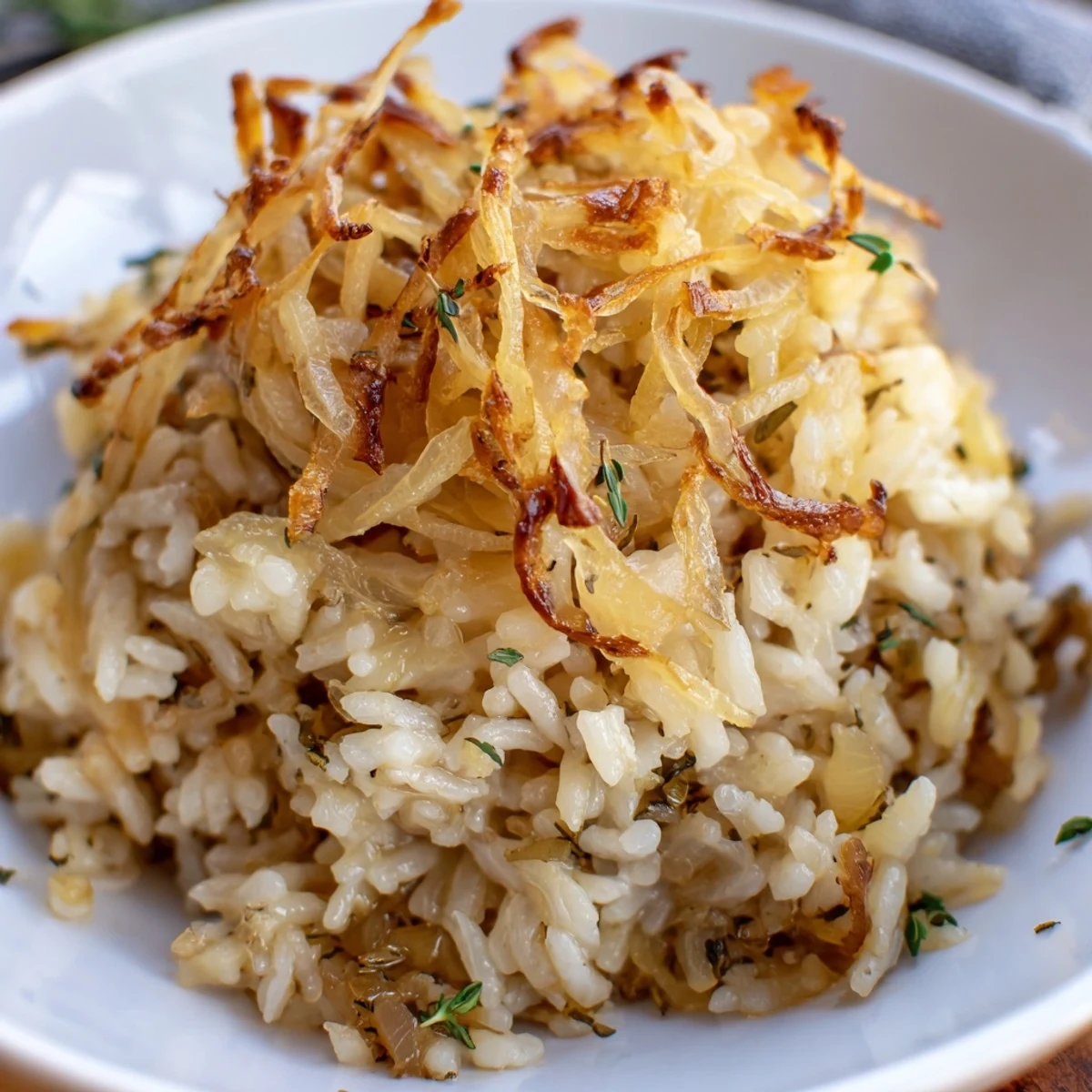 French Onion Soup Rice bubbling with melted Gruyère, caramelized onions, crusty croutons