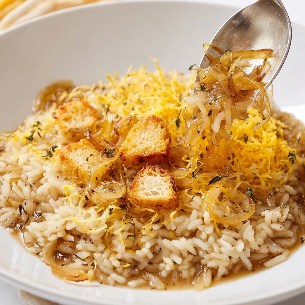 Hearty bowl of French Onion Soup Rice served steaming with thyme and toasted bread