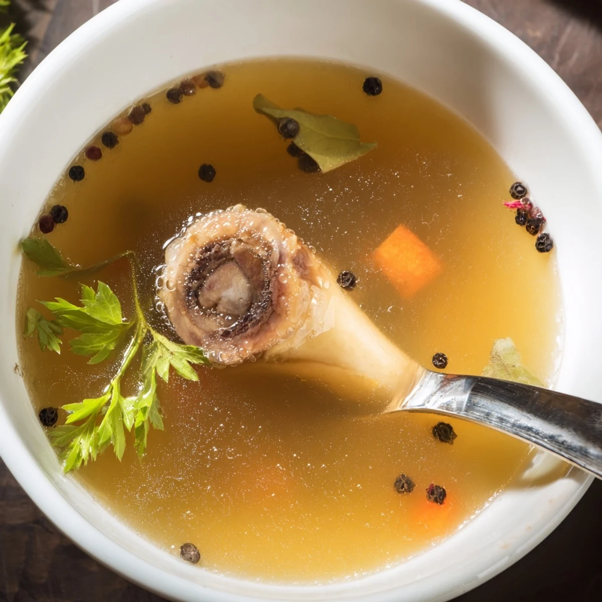 Beef Bone Broth steaming in a bowl, amber color, aromatic roasted bones