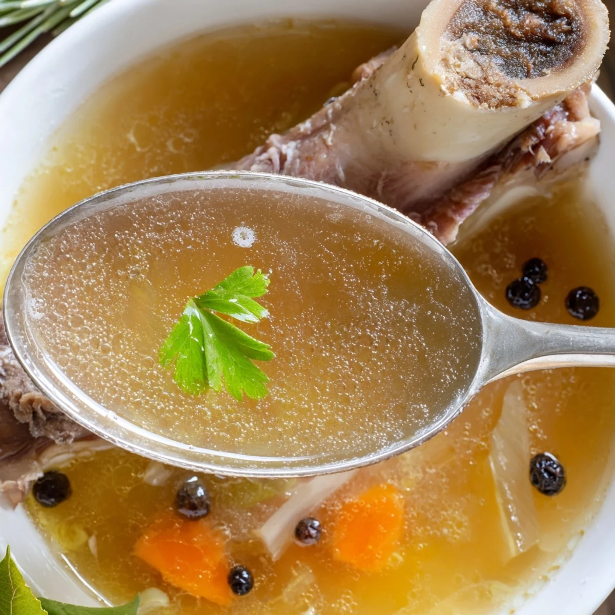 Clear Beef Bone Broth ladled into mug for sipping, warming winter remedy