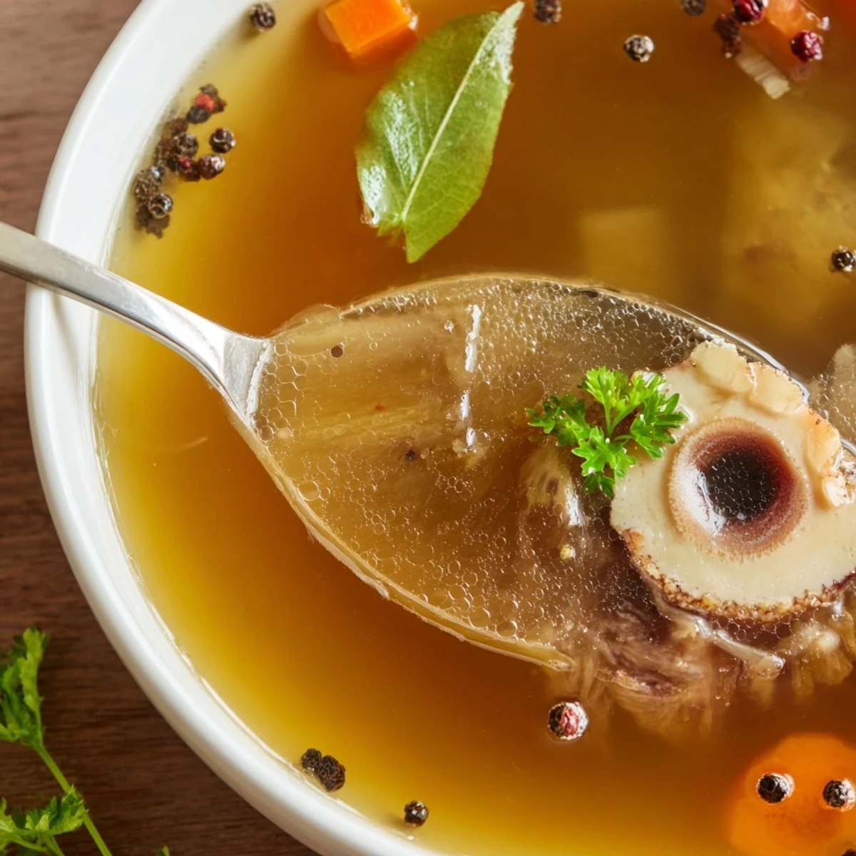 Homemade Beef Bone Broth simmering with carrots and parsley, rich, savory