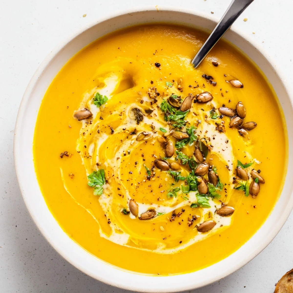 Pumpkin Soup with roasted pumpkin, silky texture and warm nutmeg aroma  