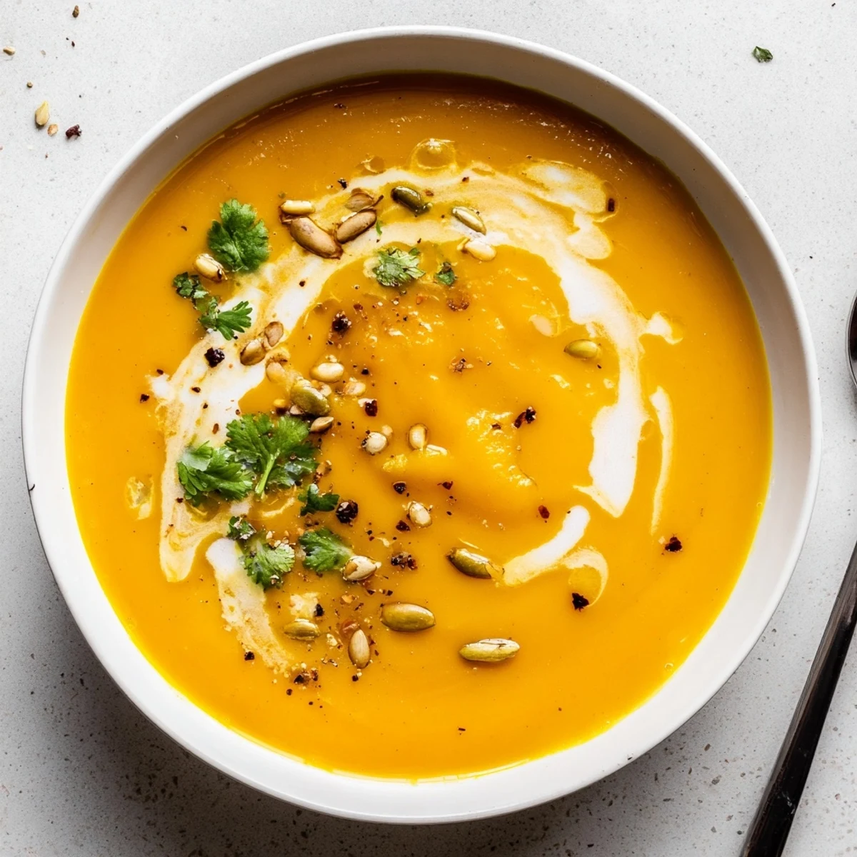 Creamy Pumpkin Soup topped with roasted pumpkin seeds, parsley, served with bread  