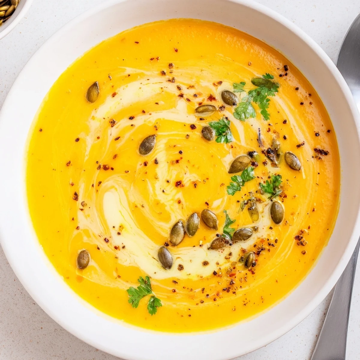 Oven-roasted Pumpkin Soup simmered in vegetable stock, perfect for chilly evenings