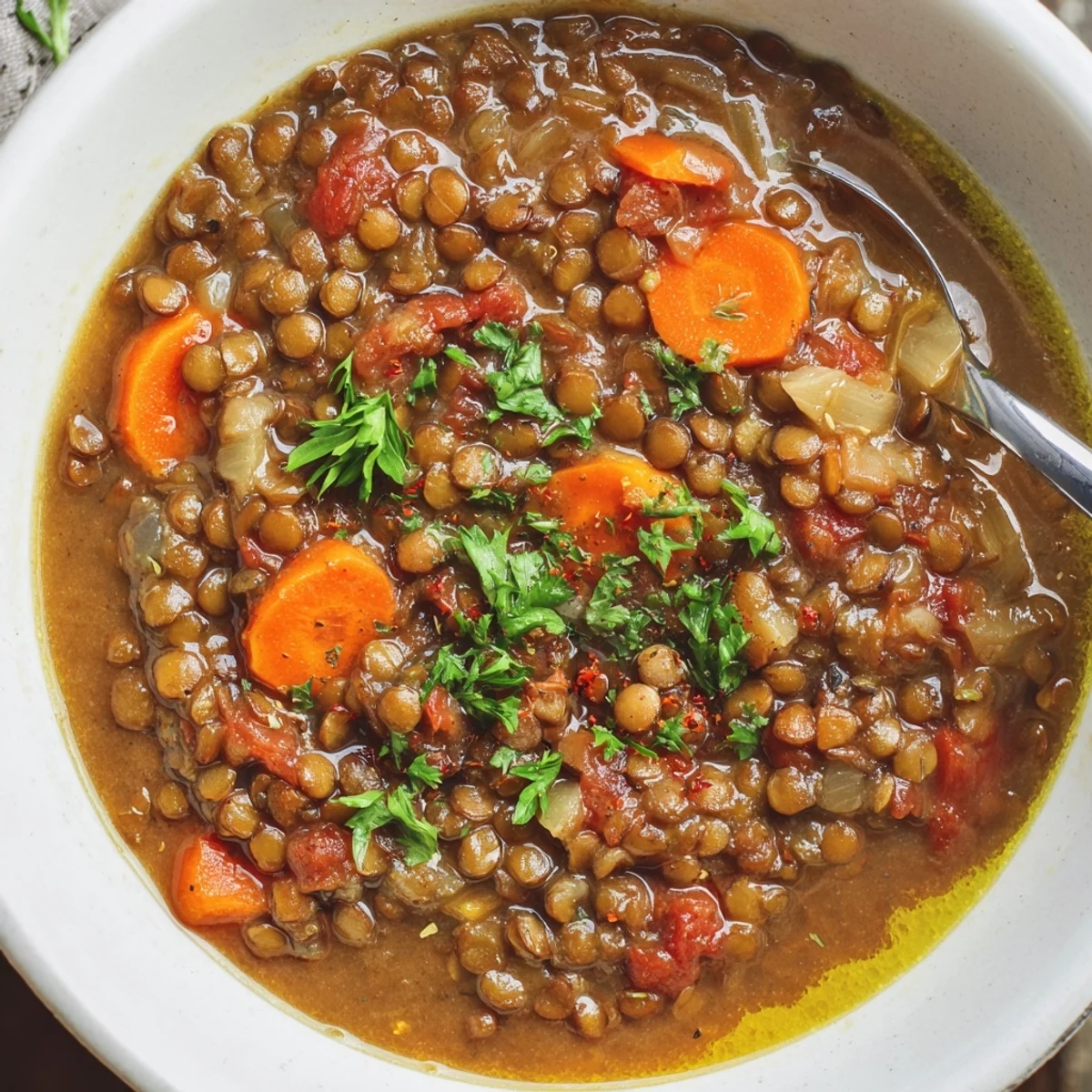 Hearty Lentil Soup steaming in a bowl, garnished with fresh parsley