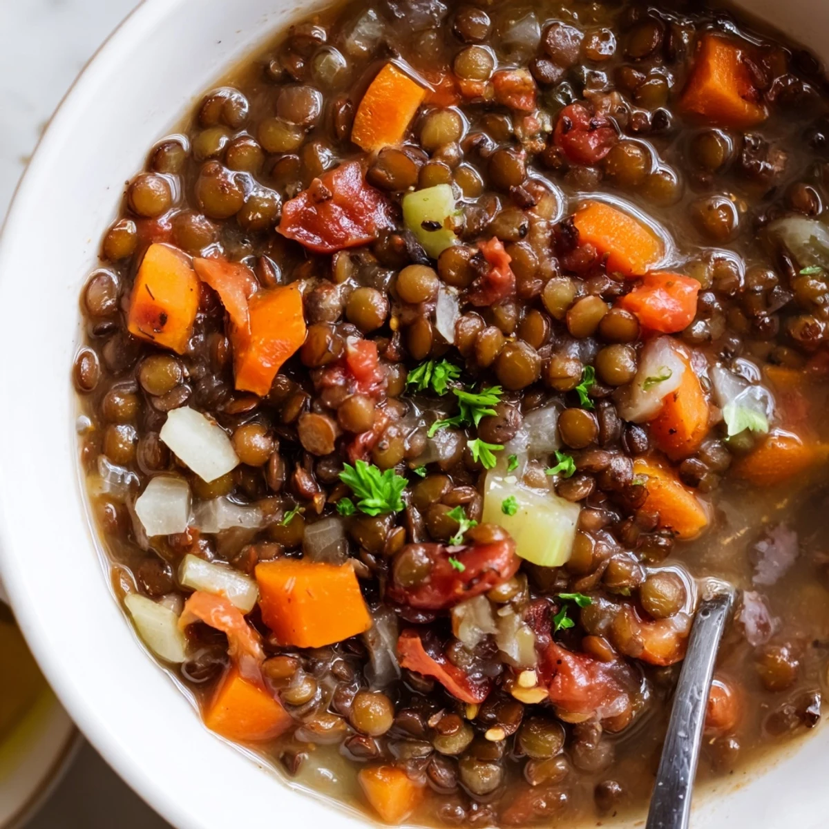 Bowl of Lentil Soup rich with carrots and cumin, served with bread