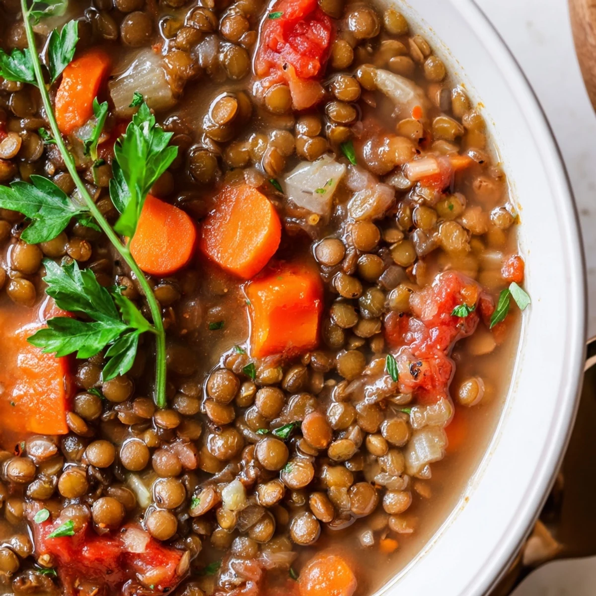Comforting Lentil Soup thickened slightly, brightened by lemon juice and olive oil