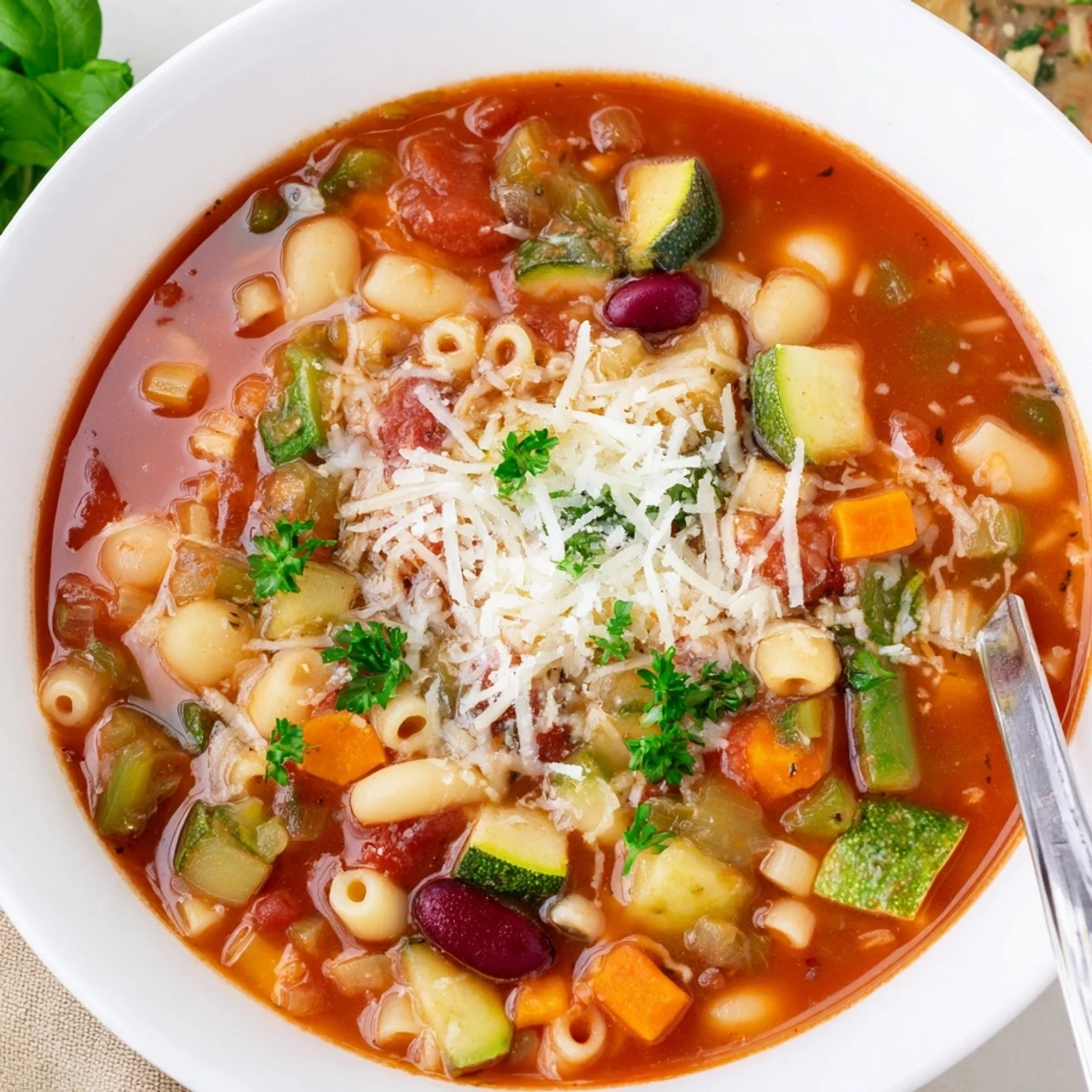 Minestrone Soup steaming in a bowl, chunky vegetables and tender pasta.