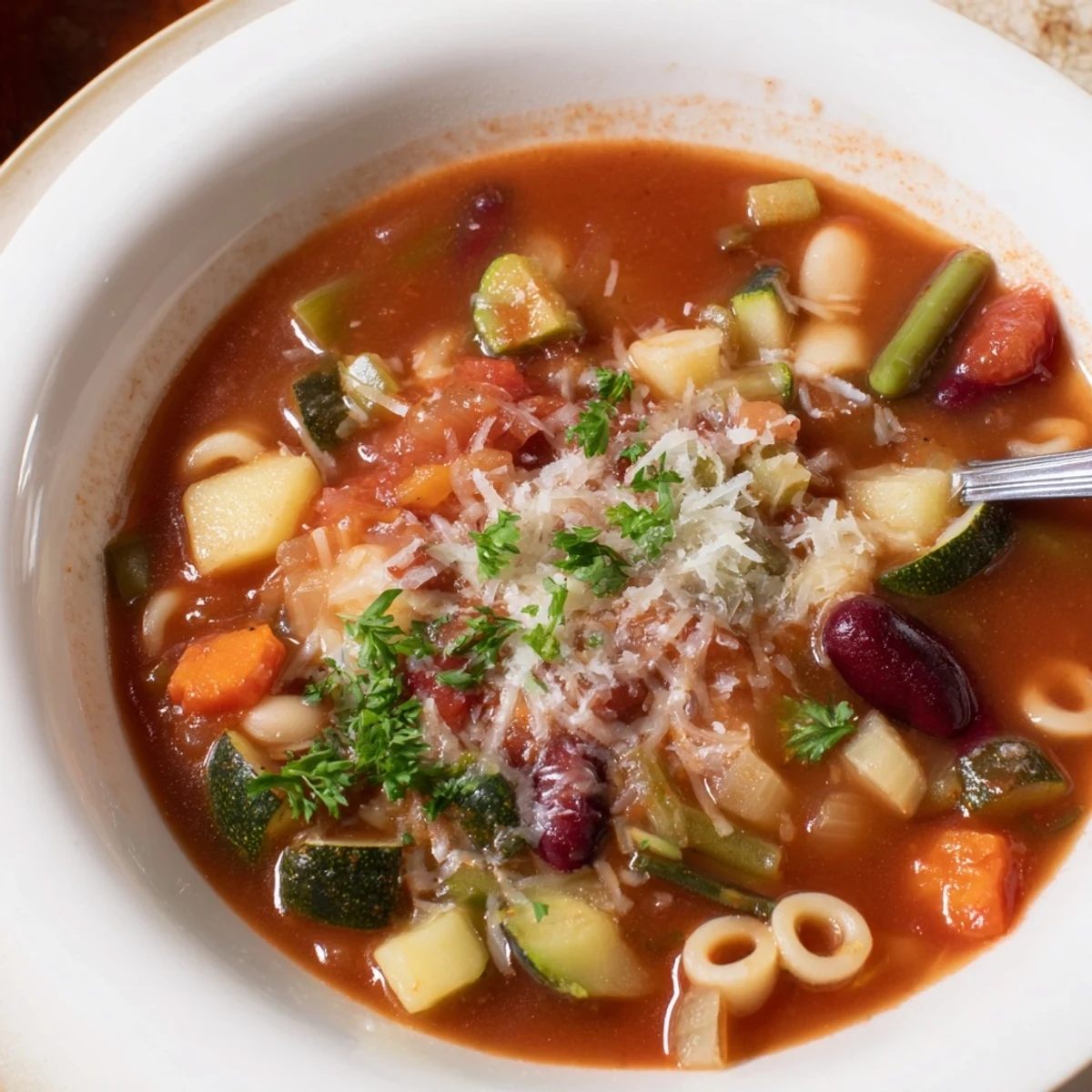 Stovetop pot of Minestrone Soup simmering, vegetables soft, pasta plump.