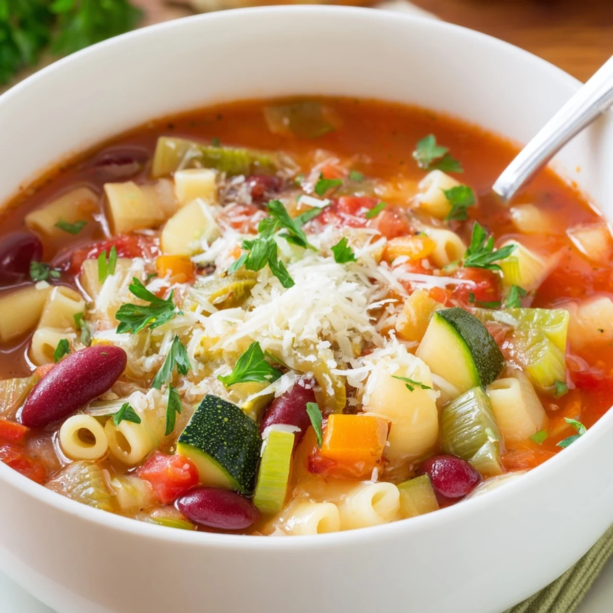 Homemade Minestrone Soup ladled with Parmesan, fragrant tomato broth, garnished with parsley.