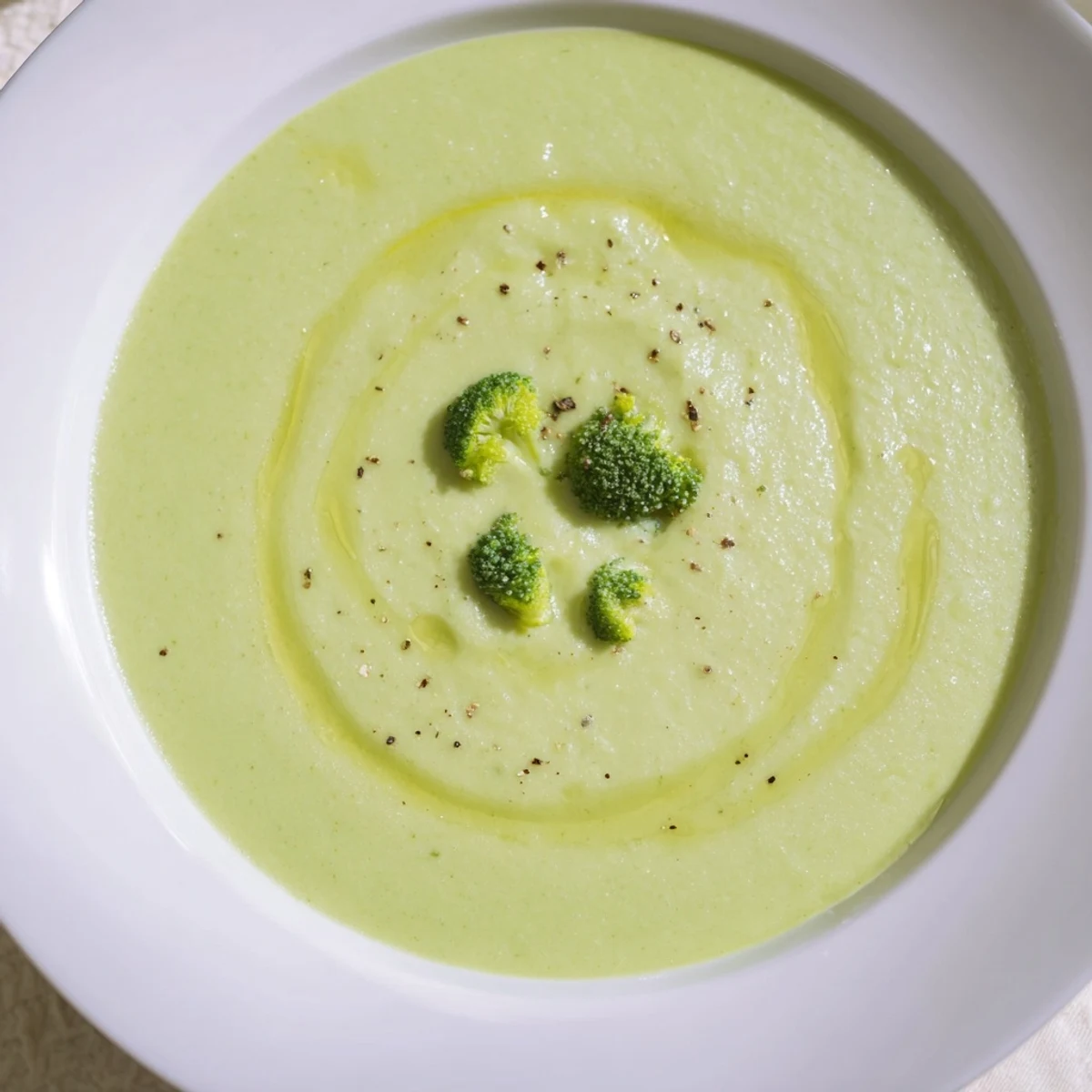 Creamy Broccoli Soup steaming in a bowl, garnished with cream swirl  