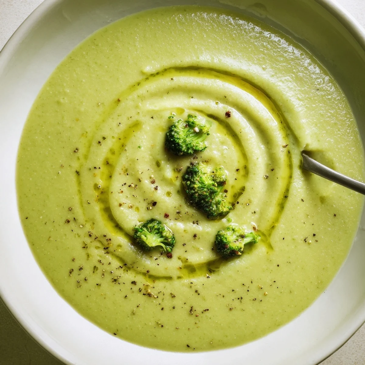 Velvety Broccoli Soup ladled beside crusty bread, hint of nutmeg aroma  