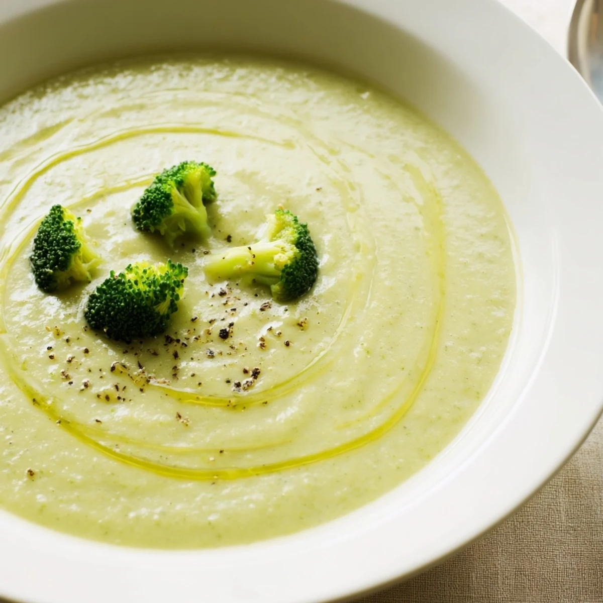 Saucepan full of blended, vibrant green Broccoli Soup ready to serve