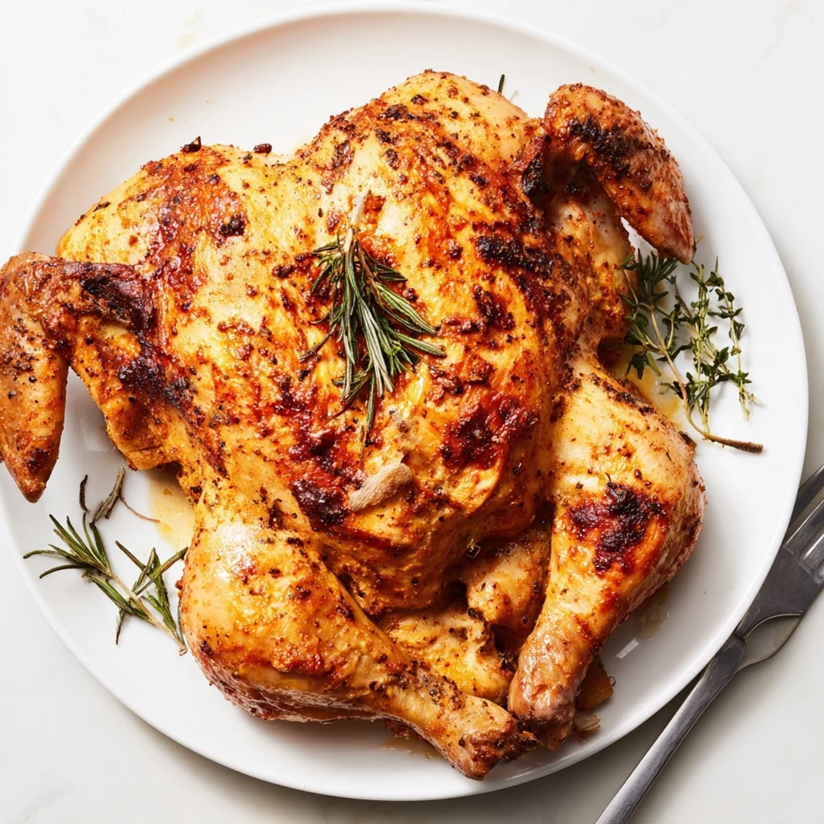 Buttermilk Roasted Chicken with golden, crackling skin resting on wooden board
